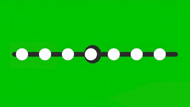 A flat 2D motion graphic features a horizontal timeline with white circular nodes passing through a larger central selection ring. The bright green chroma key background allows for seamless integratio