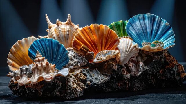 A vibrant still-life of various colorful seashells on a textured rock against a dark background