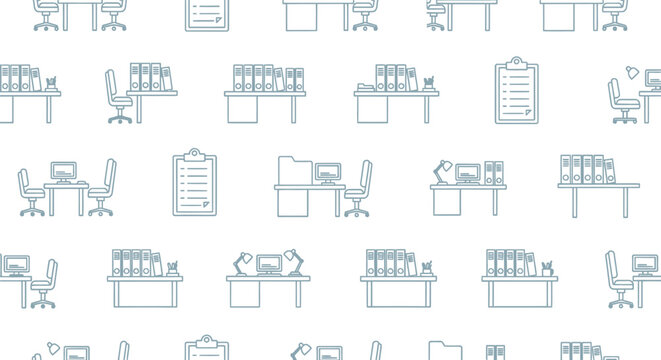 Office workspace interior patterns featuring desk computers chairs and file folders for professional business administrative environments vector line art background.