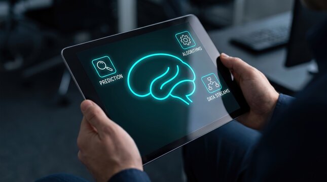 AI Financial Forecasting and Predictive Analytics Concept: Person with Tablet and Holographic Brain Network Processing Algorithms and Data Streams