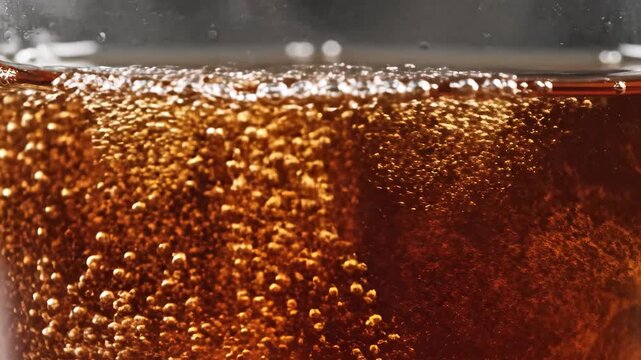 Extreme close-up of amber-colored cola or soda fizzing rapidly with millions of tiny carbonation bubbles rising to the surface. This macro shot highlights the energetic texture of a refreshing carbona