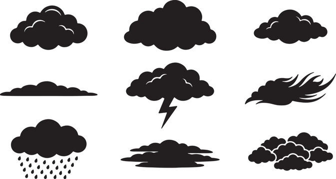 Stormy cloud silhouettes collection with different shapes including heavy rain lightning bolt and horizontal formations isolated on gray background.
