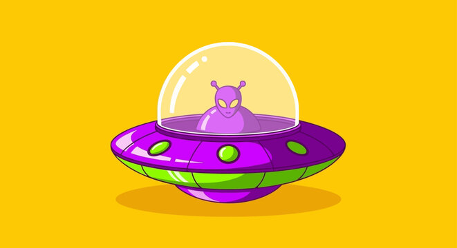 a friendly purple alien character piloting a vibrant ufo vector a cartoon flying saucer illustration for space and sci-fi themes.
