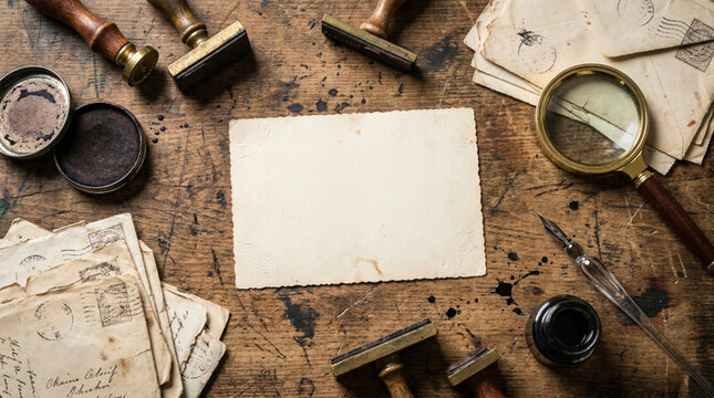 Vintage desk flat lay with blank paper and antique travel tools