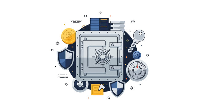 Cyber Security and Financial Protection Concept Illustration with Bank Vault, Shields, and Data Server Icons for Business and Privacy