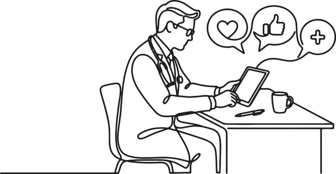 Medical professional sitting at desk with coffee and tablet while social media icons float above representing modern digital healthcare connectivity.