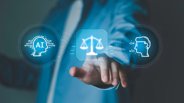 AI ethics and human rights governance concept with legal balance scale interface, artificial intelligence regulation, digital compliance and responsible technology decision making.