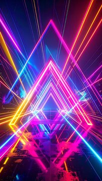 Vibrant Neon Triangular Tunnel With Glowing Laser Beams And Reflective Ground In Cyberpunk Synthwave Style With Pink Blue And Yellow Lights