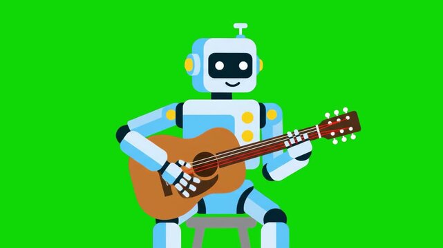 A cute white robot with a digital face playing a guitar. The entire backdrop is a vibrant, flat chroma key green, ideal for creative music videos or futuristic storytelling where a custom background i