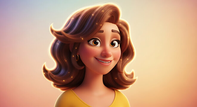 animated woman with brown hair smiling.