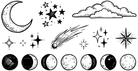 Celestial night elements featuring moon phases stars clouds and a shooting comet in hand drawn style © Sai.K