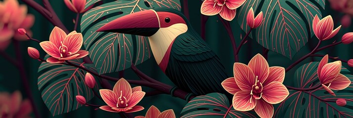 Naklejka premium A Vibrant Toucan Perched Amidst Lush Tropical Monstera Leaves and Blooming Pink Orchid Flowers
