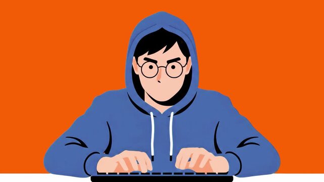 A young man with glasses and a hood pulled up types rapidly on a keyboard against an orange background. The scene depicts cybercrime, software coding, or high-stakes digital security.