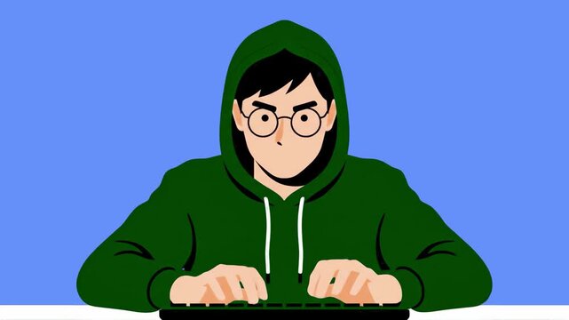 A stylized 2D animated character of a young hacker with glasses and a green hoodie, shown typing on a keyboard. Perfect for cybersecurity content, tech-related presentations, or programming-themed vid