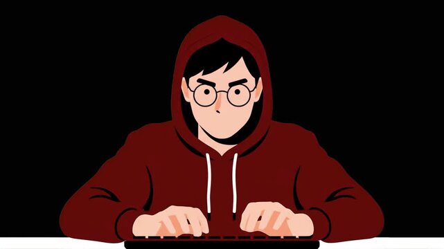 A close-up 2D cartoon illustration of a determined hacker wearing glasses and a dark red hoodie typing quickly on a computer keyboard. The scene is set against a dark background.