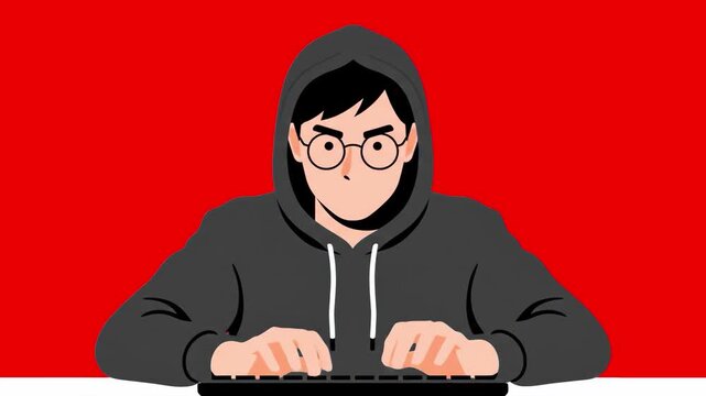 A concentrated programmer or cyber criminal in a black hoodie works on a laptop against a red background. The scene depicts cybersecurity, software development, or illegal data access in a digital env