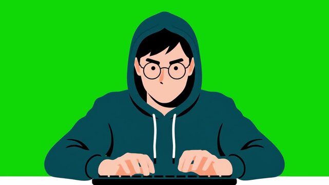A 2D vector animation of a mysterious hacker in a hoodie typing rapidly on a keyboard. Perfect for cybersecurity content, tech-thriller video projects, internet safety tutorials, and digital security 