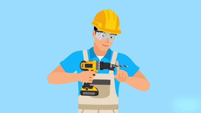 A professional handyman in a yellow hard hat and safety glasses holds a cordless drill ready for work. This 2D animation illustrates home renovation, manual labor, and industrial safety.
