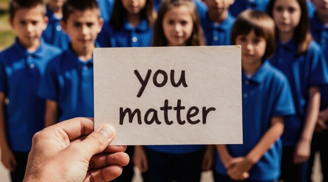 Hand holds card with text You Matter. Group of school children wear blue uniforms. Kids stand together showing support and community spirit. Message affirms value and belonging.