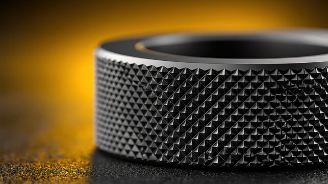 Close-up macro shot of a black metal cylindrical ring featuring a detailed diamond knurled texture