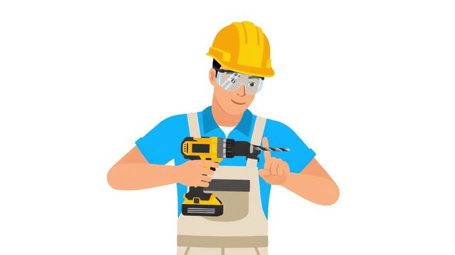 A professional 2D vector animation of a construction worker wearing a safety helmet and glasses, holding a power drill. This asset is ideal for renovation-themed projects, DIY video content, construct