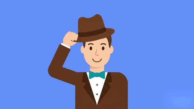 A friendly 2D animated character in a brown blazer and bowtie politely tips his hat against a blue background. This flat-style illustration represents courtesy, classic manners, and professional servi
