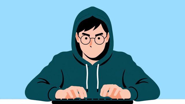 A 2D animated young man wearing a dark hoodie and glasses stares intensely forward while typing on a computer. This graphic represents a cyber security threat, programmer, coder, or hacker in digital 