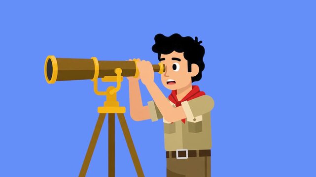 A male scout in a tan uniform and red neckerchief observes something in the distance through a vintage telescope. This 2D flat animation represents exploration, discovery, and outdoor education.