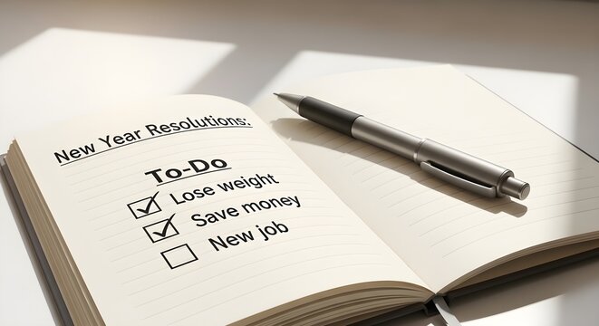 New year resolutions todo list in a notebook with pen, showing checked items for weight loss and saving money, and an unchecked box for a new job