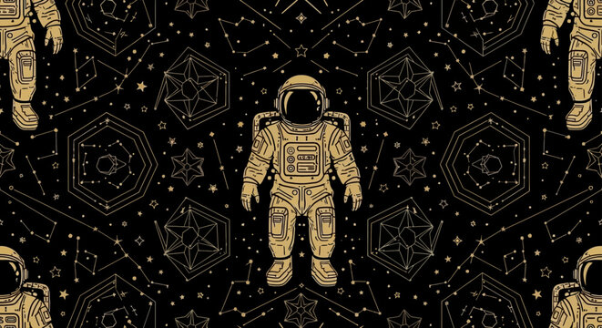 astronaut in outer space with constellations and geometric shapes pattern