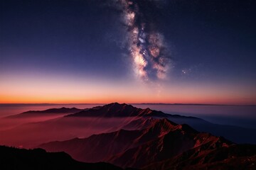 Fototapeta premium Mountain range in dawn light with Milky Way galaxy above. Fog fills valleys below creating atmospheric landscape. Nature beauty under starry sky.
