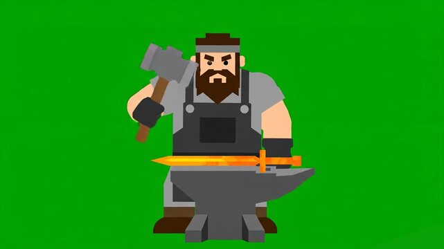 A blacksmith character working with a grey anvil and a glowing orange sword. The scene is set against a professional green screen background, allowing editors to place the character into a forge or me