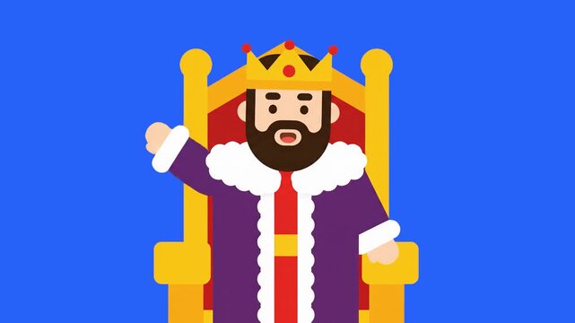 A bearded king wearing a purple royal robe and golden crown sits on his throne and raises his hand in a greeting or decree. This colorful 2D character animation represents leadership, fairy tales, and