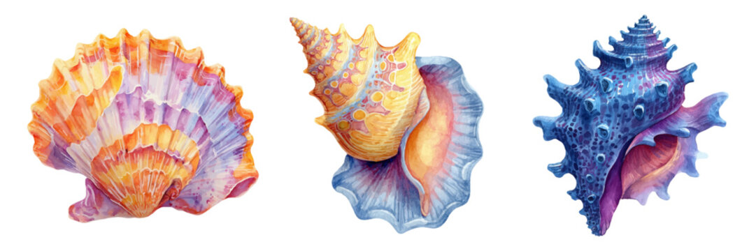 Assortment of vibrant watercolor seashells and conches in a natural history art style, depicting a collection of colorful spiral mollusk shells and bivalves