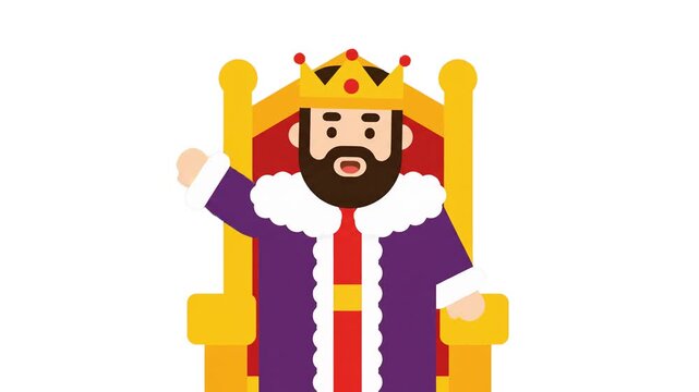 A friendly 2D flat-design cartoon king wearing a golden crown, red robe, and purple tunic sits on his royal golden throne and waves happily. This clean vector illustration asset is perfect for mobile 