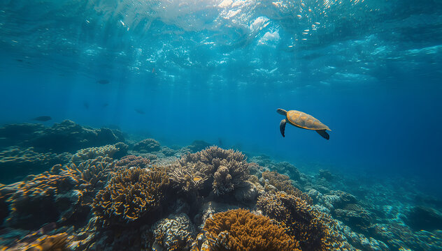 Sea turtle swims over colorful coral reef in clear blue ocean water