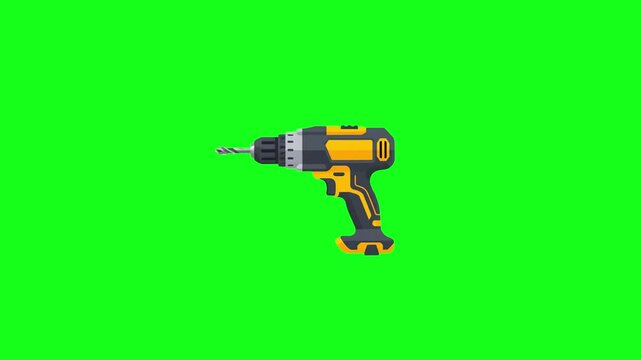 A professional-grade yellow and black cordless drill with a drill bit attached, isolated on a solid green background. This 2D flat animation is perfect for DIY, construction, and home improvement tuto