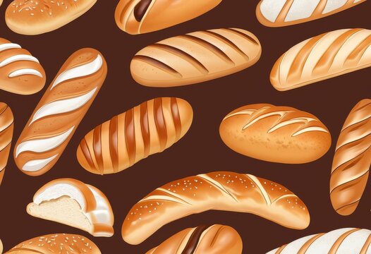 Seamless illustration pattern of various freshly baked breads