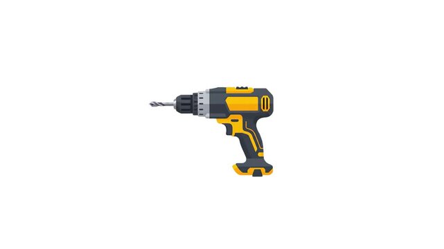 A flat design style 2D vector animation of a yellow and black power drill. This isolated graphic element is perfect for hardware store promos, home renovation guides, and DIY construction tutorials.