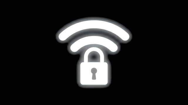 A glowing white wireless signal symbol combined with a central padlock icon on a black background. This graphic illustrates cybersecurity, protected internet connections, and encrypted data transfer.