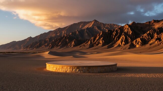 Desert landscape at golden hour features circular stone platform before rugged mountains. Sand dunes curve under dramatic cloudy sky. Arid natural scene offers expansive view, serene mood.