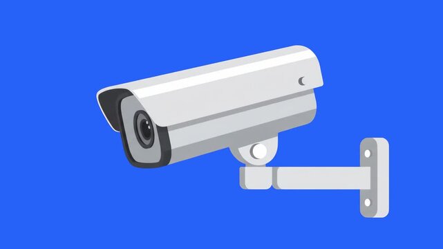 A sleek 2D animated security camera icon set against a solid blue background. This professional and reliable visual element is ideal for corporate security solutions, tech-industry presentations, digi
