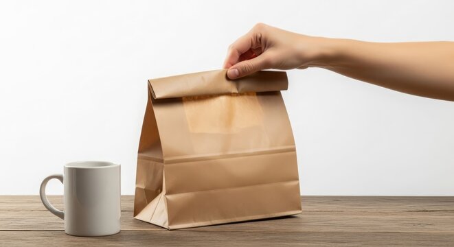 Human hand unfolding a brown paper lunch bag on a wooden table surface