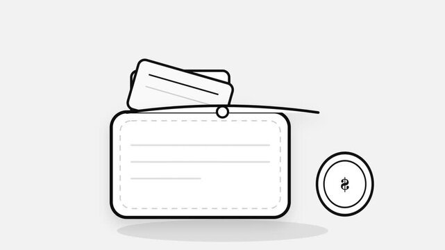 Animated Wallet with Cash Bills and Coin - Minimal Black and White Vector Finance Icon