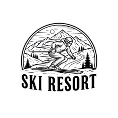 Fototapeta premium Skier descending mountain slope in vintage monochrome style.