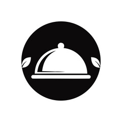 Fototapeta premium Organic food restaurant logo with cloche platter and leaves vector illustration isolated on white
