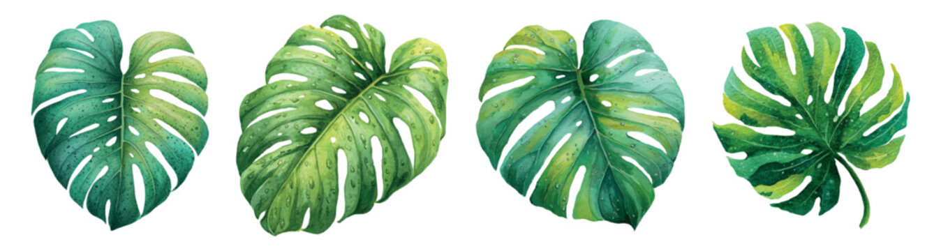 Watercolor painting collecting different tropical monstera deliciosa leaves, showing variations in shape, color, and fenestrations isolated on a white background