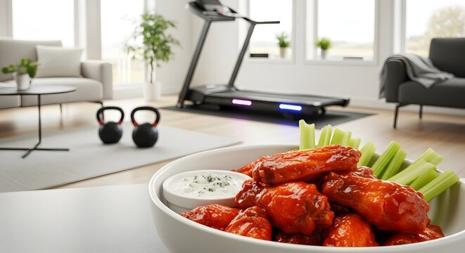 Home fitness and game day buffalo wings with exercise equipment in living room