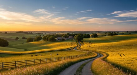 Fototapeta premium A winding dirt road leads through a vibrant, golden field of wheat under a stunning sunset. Rolling hills and scattered trees frame the landscape, with a small farm visible in the distance.