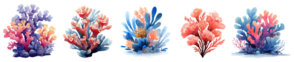 Fototapeta premium Colorful watercolor illustrations depicting various coral reef elements and marine plants in vibrant hues, creating diverse underwater flora compositions on a clean white background